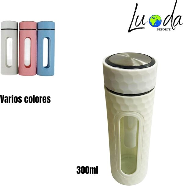 gaiavitae botella de cristal inwater 300ml con diseño innovador accesorio infusiones y recubrimiento en plástico – botella color blanco para agua y té